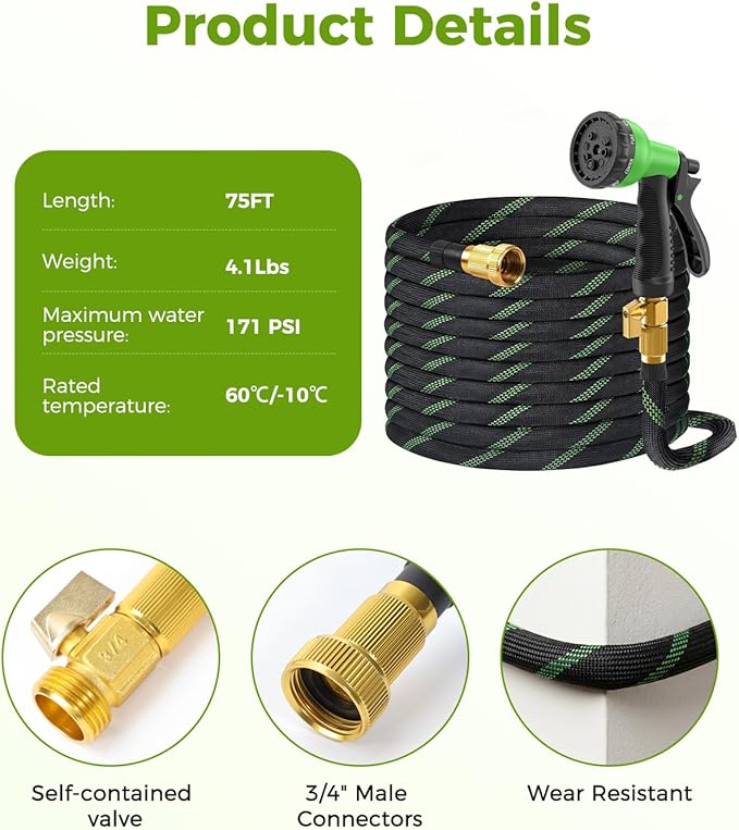 75ft Garden Hose, Non-Expandable Water Hose with 8 Function Spray Nozzle, Lightweight, Knik-Free, Burst-Resistant, Durable & Flexible 3/4" Garden Hose for Lawn, House Cleaning, Car Washing