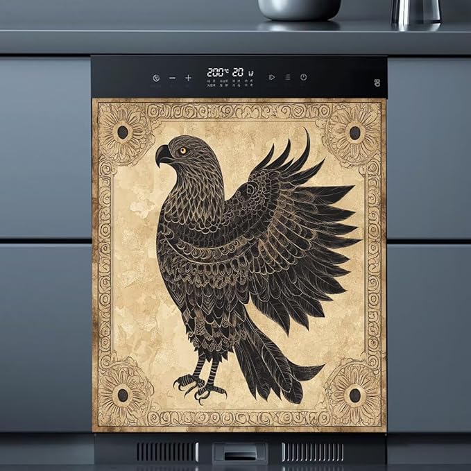 Black Eagle Home Appliance Dishwasher Door Panel Sheet, Animal Eagle Dishwasher Front Cover, Retro Style Skin Cover for Refrigerator - 23" W x 26" H Ordinary