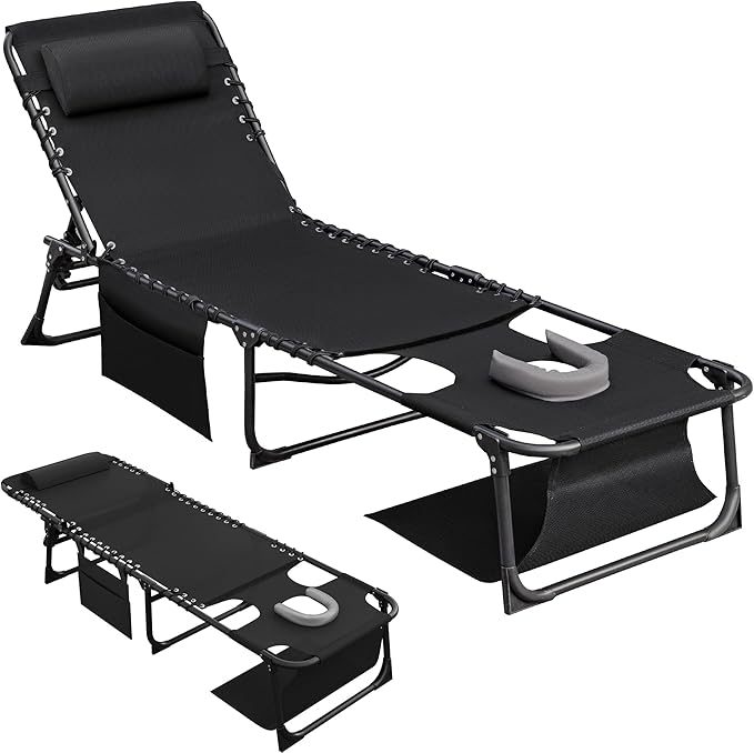 Flamaker Oversize Face Down Chaise Lounge Chair, 27 Inch Wide Foldable Outdoor Patio Chair, 5-Position Adjustable Tanning Chair with Face& Arm Holes for Sunbathing, Pool, Beach, Lawn (Black, 1 Pcs)