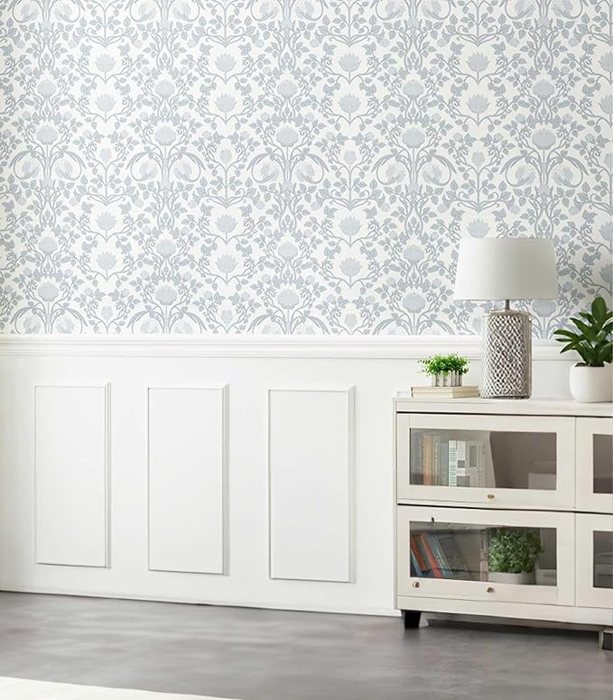 YXTII 17.3" × 393.7" Blue Floral Peel and Stick Wallpaper, Damask Vintage