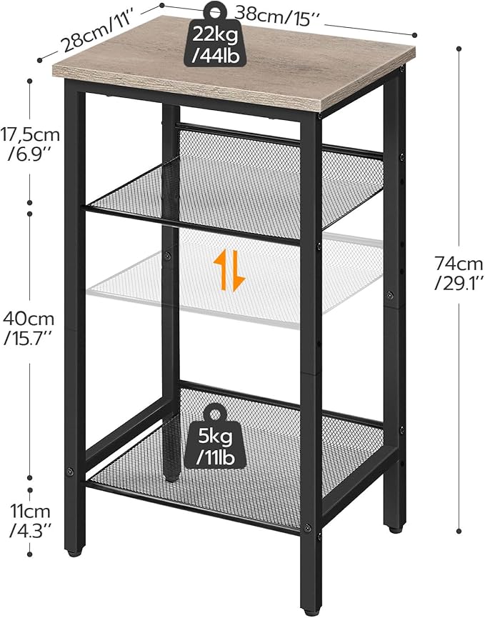 HOOBRO Tall Side Table, 3-Tier Telephone End Table with Adjustable Mesh Shelves, Small Entryway Table with Storage, Small Nightstand for Living Room, Bedroom, Hallway, Office, Greige BG01DH01G1