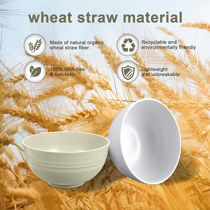 12 Pcs Unbreakable Cereal Bowls Set, 26 Oz Wheat Straw Bowls Set, Microwave & Dishwasher Safe Bowls for Kitchen, Reusable Plastic Bowls for Soup, Salad and Snack, BPA Free, Beige