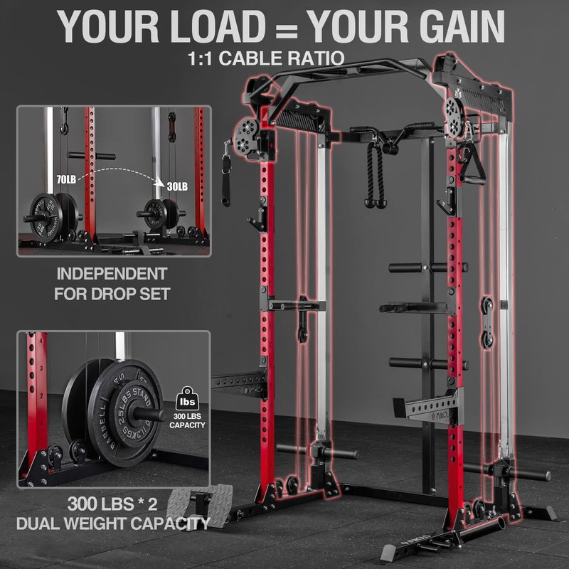 Mikolo Power Cage, 2000LB Power Rack with Independent Dual Pulley System, Multi-Function Home Gym Workout Machine for Cable Crossover (Red)