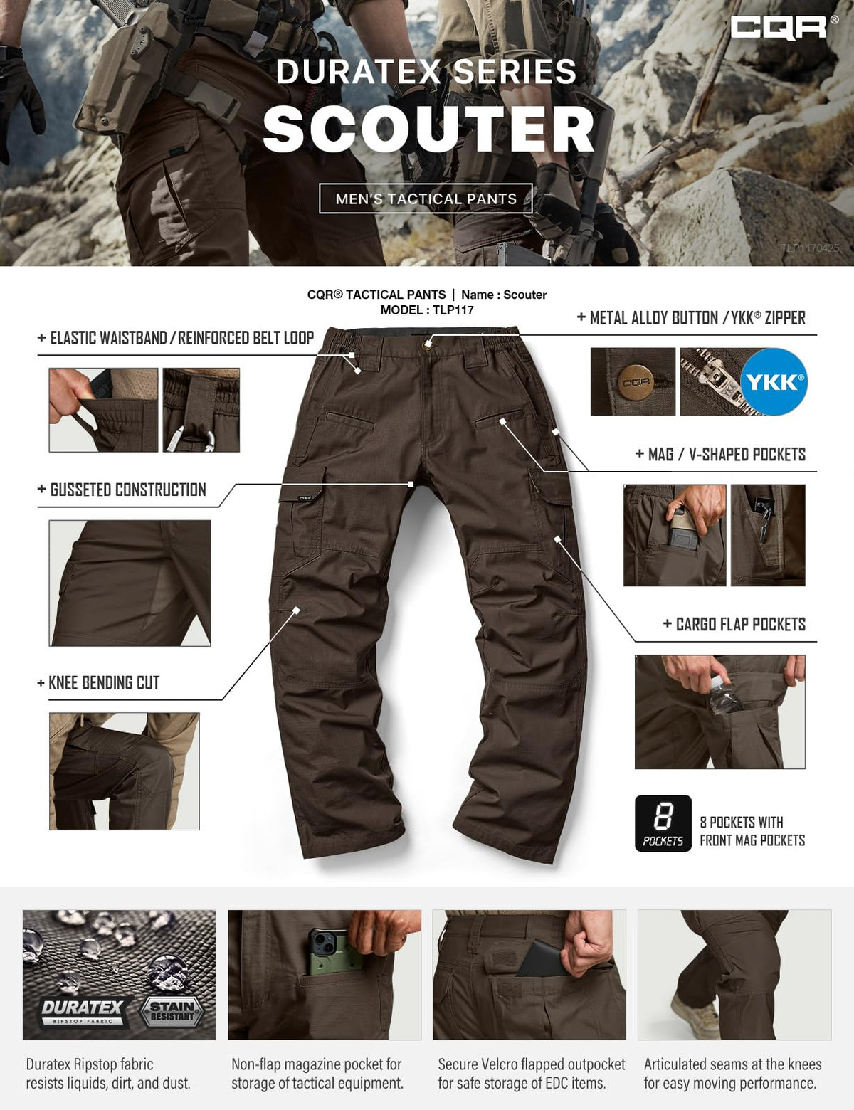 CQR Men's Tactical Pants, Water Resistant Ripstop Cargo Pants, Lightweight EDC Work Hiking Pants, Outdoor Apparel, Raider Dark Brown, 36W x 34L