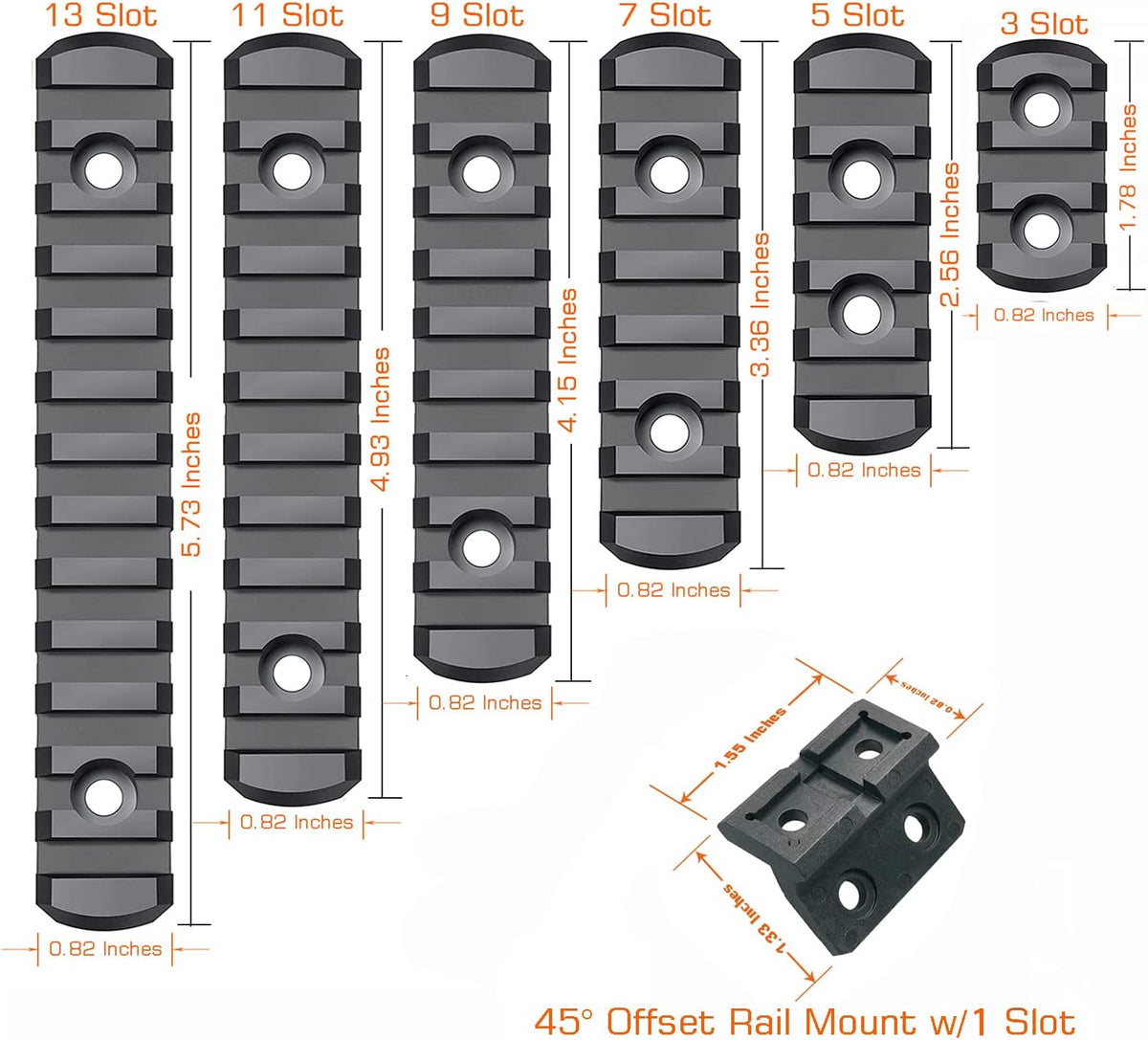Picatinny Rail - 3, 5, 7, 9, 11, 13-Slot Mlok Polymer Section with Offset Mount, T-Nuts & Allen Wrench