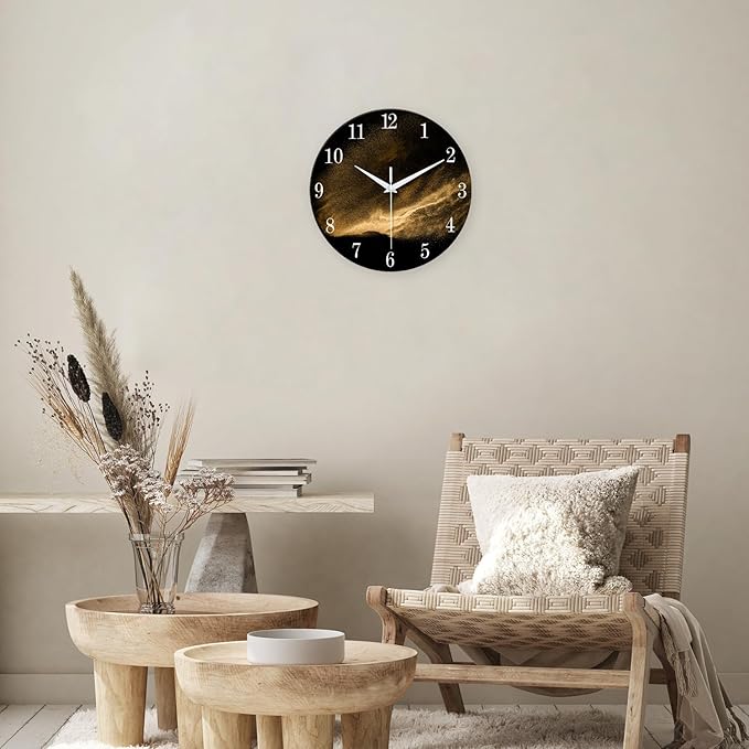 Black and Glod Wall Clocks for Living Room Decor Glass Wall Clock Battery