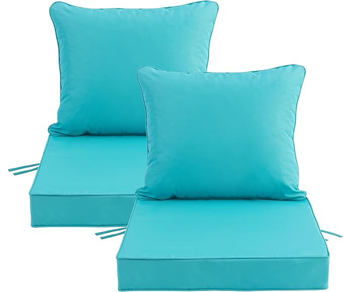 24x24 Inch Outdoor Chair Cushions Set of 2, Patio Furniture Cushions - Removable Cover, Water-Repellent, Fade-Resistant, Non-Slip Bottom & Straps, Replacement for Deep Seat Sofa & Couch - Teal