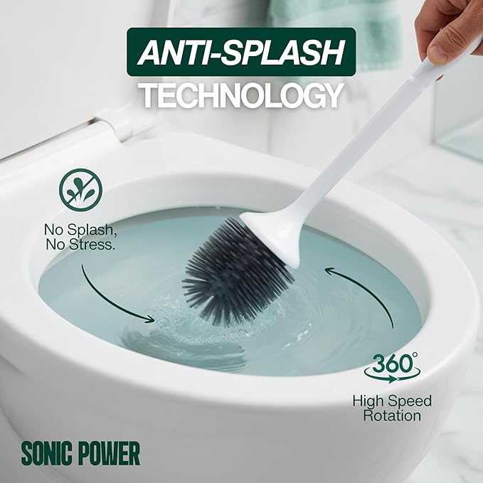 Electric Toilet Brush & Scrubber – Self Cleaning Silicone Toilet Bowl Brush with UVC Light, Rechargeable Wireless Spinning Toilet Brush & Holder Set, Wall Mount or Floor Standing (2 Pack)