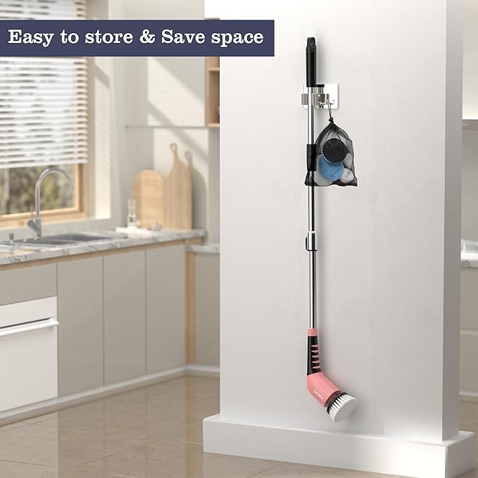 YKYI Electric Spin Scrubber-Cordless Power Scrubber with 8 Brush Heads, 3 Speeds & Adjustable Long Handle, IPX7 Waterproof Shower Cleaning Brush for Bathroom Tile, Bathtub, Grout, Kitchen(Pink)