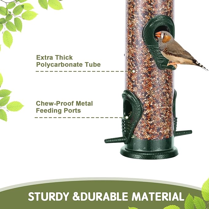 MIXXIDEA 1PK Metal Wild Bird Feeder,Squirrel Proof Bird Feeders for Outside,Hanging 6 Port Tube Bird Feeder Transparent Finch Bird Feeder for Attracting Birds in Your Lawn, Garden, Balcony-Green