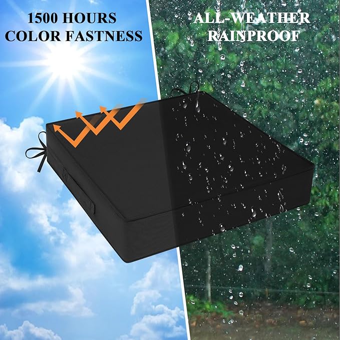 Outdoor Chair Cushions 22x22x4 Inch, Waterproof Black Patio Furniture Cushions Set of 2 with Ties & Handle, 3 Year Color Fastness Square Replacement Seat Cushions for Sofa, Couch