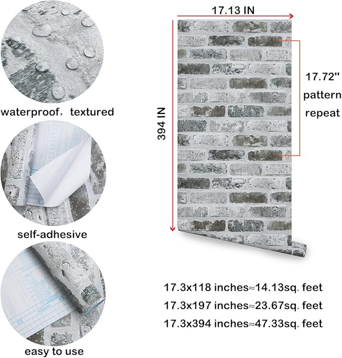 Guvana 17.3"×394" Brick Wallpaper Grey Self Adhesive Wallpaper 3D Brick Peel