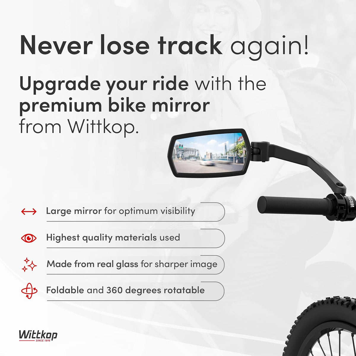 WITTKOP Bike Mirror - Large HD Field of Vision | 360° Rotatable & Foldable | Durable & Break-Proof