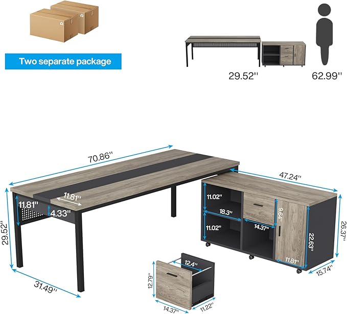 Tribesigns 71 inch Executive Desk, L-Shaped Desk with Mobile File Cabinet, Executive Office Table with 2 Drawers and Storage Shelves, Business Furniture Workstation for Home Office, Grey and Black