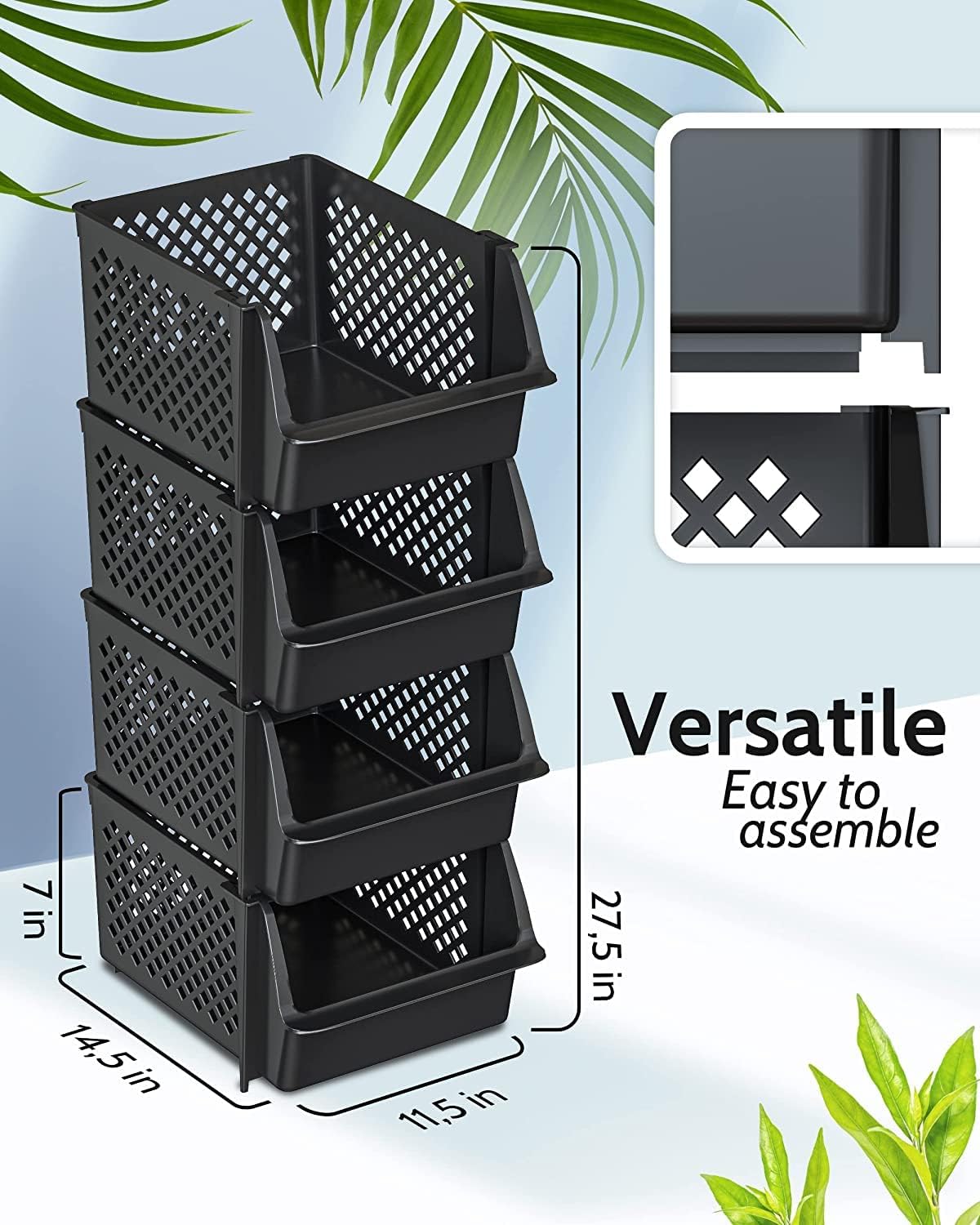 TidyFriend Plastic Stackable Storage Bins for Pantry - 8 Pack Stackable Bins For Organizing Food, Kitchen, and Bathroom Essentials (Black)