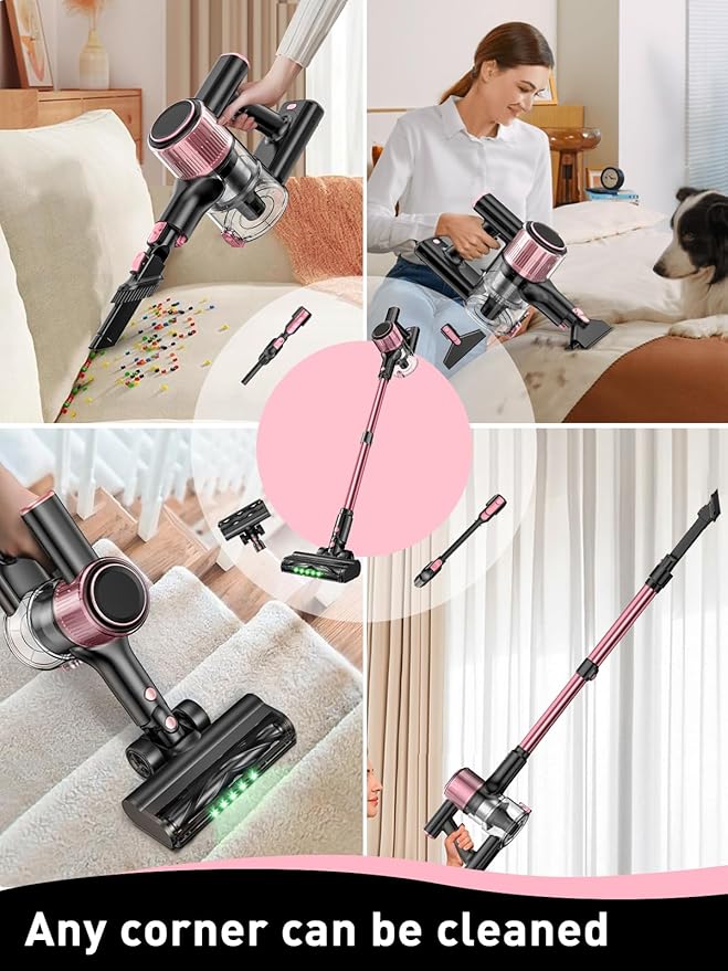 VICEASE Cordless Vacuum Cleaner, 8 in 1 Powerful Suction Lightweight Vacuum Cleaner for Home, LED Display, 3 Suction Modes, 45Mins Detachable Battery Vacuum for Hard Floor Carpet Pet Hair, Pink