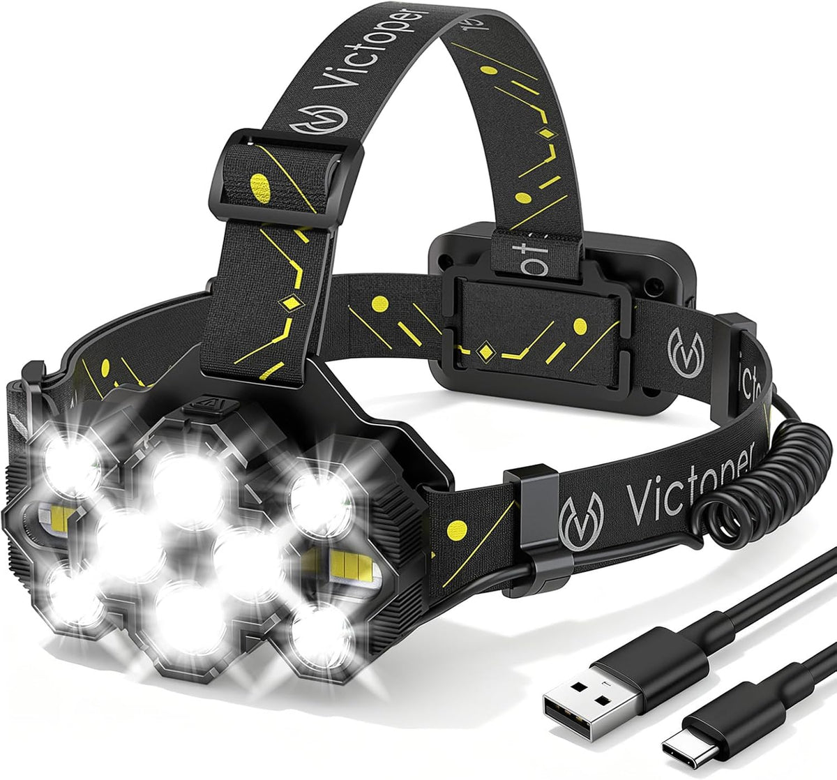 Victoper Rechargeable Headlamp - High Lumen 10 LEDs with 8+2 Modes & Red Light | Waterproof for Outdoor Activities