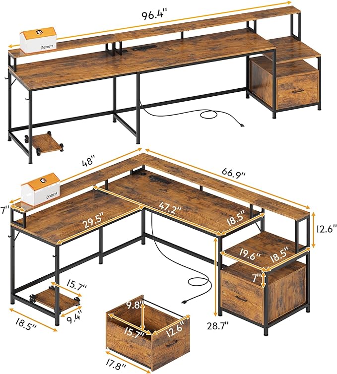 SEDETA L Shaped Office Desk, 66" Corner L Shaped Computer Desk with Wood File Drawer & Power Outlet for Home Office, Gaming Table with Led Lights, Monitor Shelf, Printer Storage Shelves, Rustic Brown