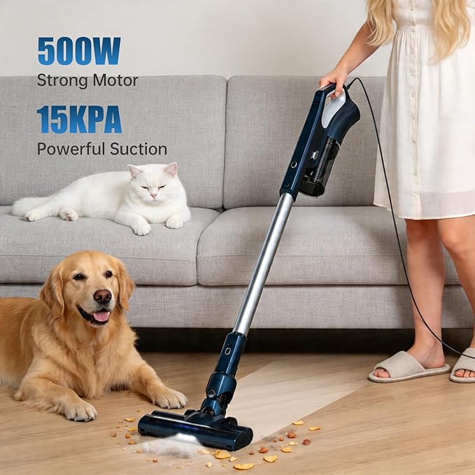 Corded Vacuum Cleaners For Home, 500W Powerful Suction With Dual HEPA Filters, LED Lights & 16.7ft Power Cord, One-Touch Release Dust Cup, Converts To Handheld Vacuum For Pet Hair Hard Floor Carpet