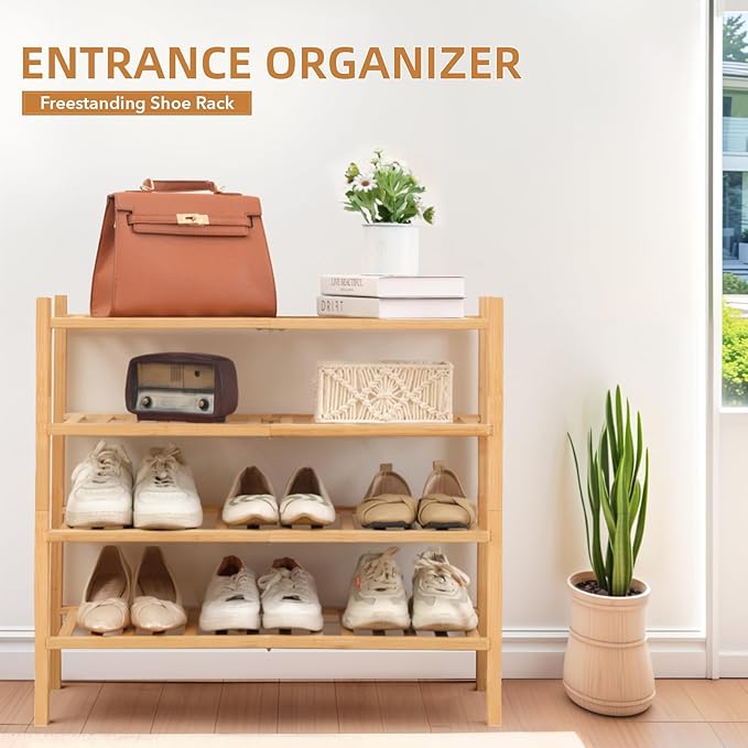 4 Tier Bamboo Shoe Rack Storage Organizer for Closet, Multifunctional Stackable Free Standing Shoe Shelf Organizer for Small Space,Entryway,Hallway,Bathroom 27"x11"x26"(Natural, 4 Tier)