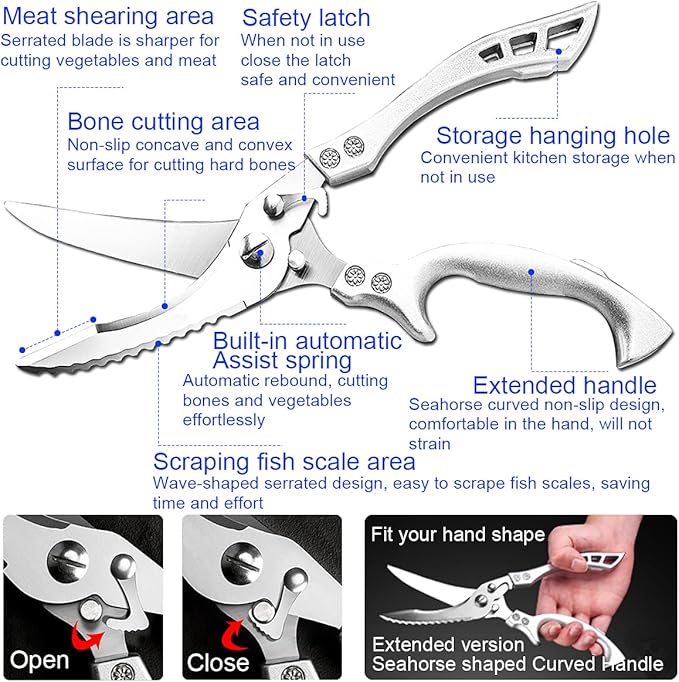 ANDONG Professional Heavy Duty Kitchen Scissors - Spring Loaded Ultra Sharp Stainless Steel Multipurpose Poultry & Cooking Shears for Bones, Meat, Chicken, Fish, Turkey, Vegetables,Dishwasher Safe