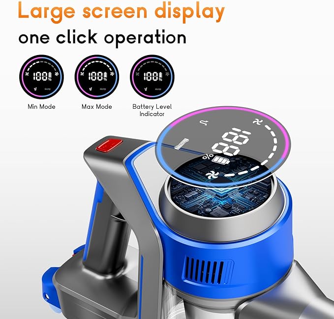 BSNAW Cordless Stick Vacuum Cleaner - Rechargeable, 35Kpa Powerful Vacuums with Detachable Battery, LED Display, 45Mins Runtime, 8 in 1 Handheld Vacuum for Hardfloor & Carpets Pet Hair, Blue-Y