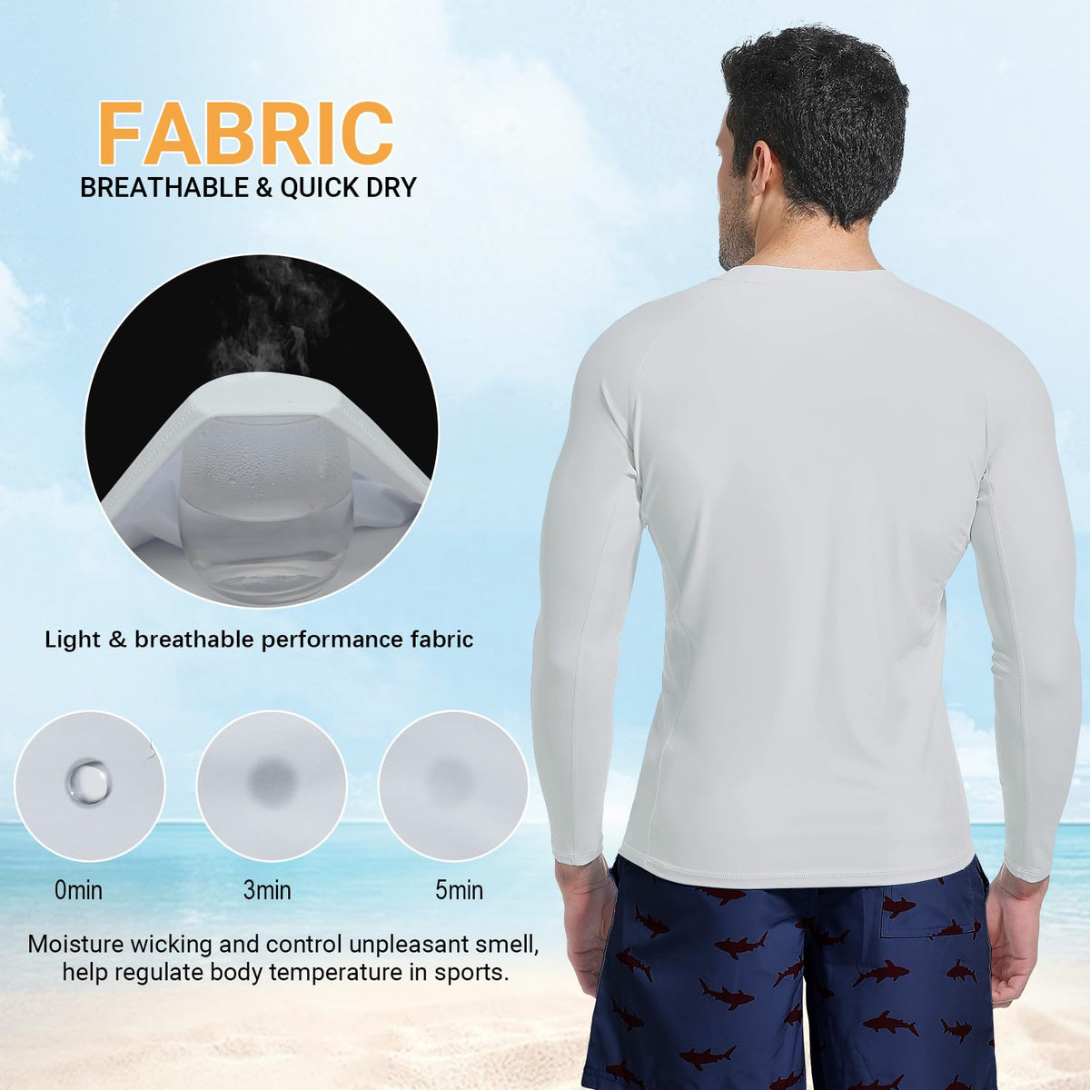 Sun Protection Swim Shirts for Men: SPF UPF 50+ UV Long Sleeve Rash Guard for Fishing Hiking Running Workout Athletic White
