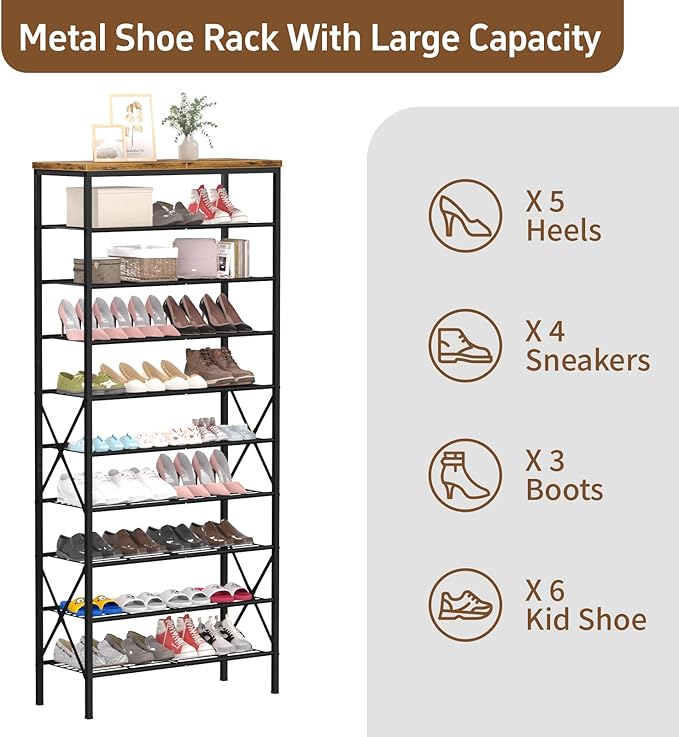 10-Tier Tall Shoe Rack, Large Capacity Shoe Shelf Holds40-45 Pairs, Shoe Shelf for Entryway, Hallway, Living Room, Rustic Brown