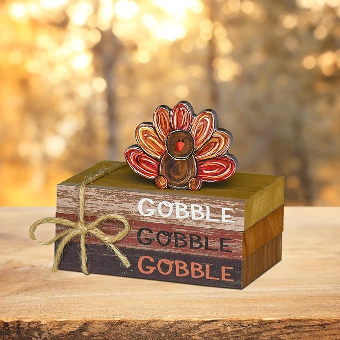 Smile Thanksgiving Wooden Decor Indoor, Turkey Decor Gobble Faux Books Bundle, Thanksgiving Table Tiered Tray Kitchen Decorations