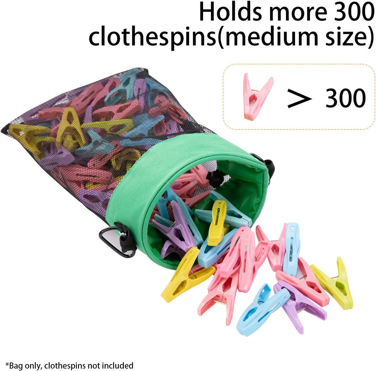 Mesh Clothespin Bag with Hooks Hanging Clothes Pin Bag with Drawstring Closure Clothespin Holder, Ventilation and Moisture Resistance, Storage Organizer, Machine Washable （Green）