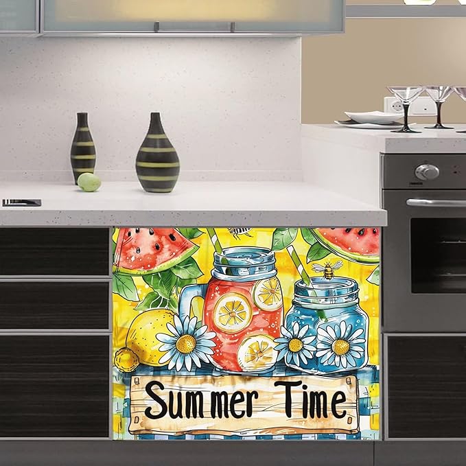 Summer Time Kitchen Decor Dishwasher Magnet Cover, Watermelon Lemonade Magnet Refrigerator Cover Panel Decal, Daisy Home Cabinet Sticker Bee Fridge Magnet Sticker 23" W x 17" H Magnetic