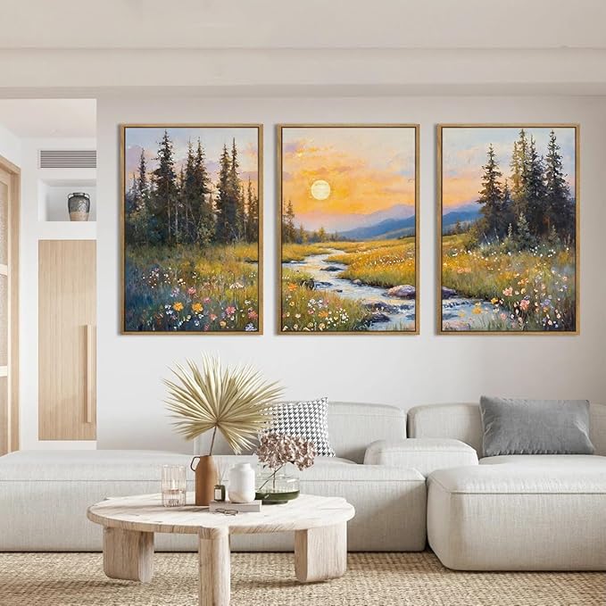 IARTTOP Extra Large Mountain Landscape Wall Art Framed 24x36 Inch Abstract Forest Canvas Wall Decor Sunset Nature Scenery Artwork for Living Room Bedroom Set of 3