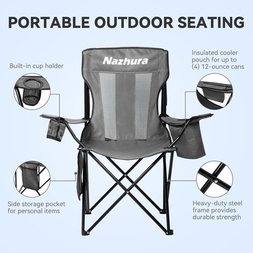 Nazhura Outdoor Camping Chairs - Portable Folding Design with Cooler Pouch & Cup Holder | Grey, 2 Pack