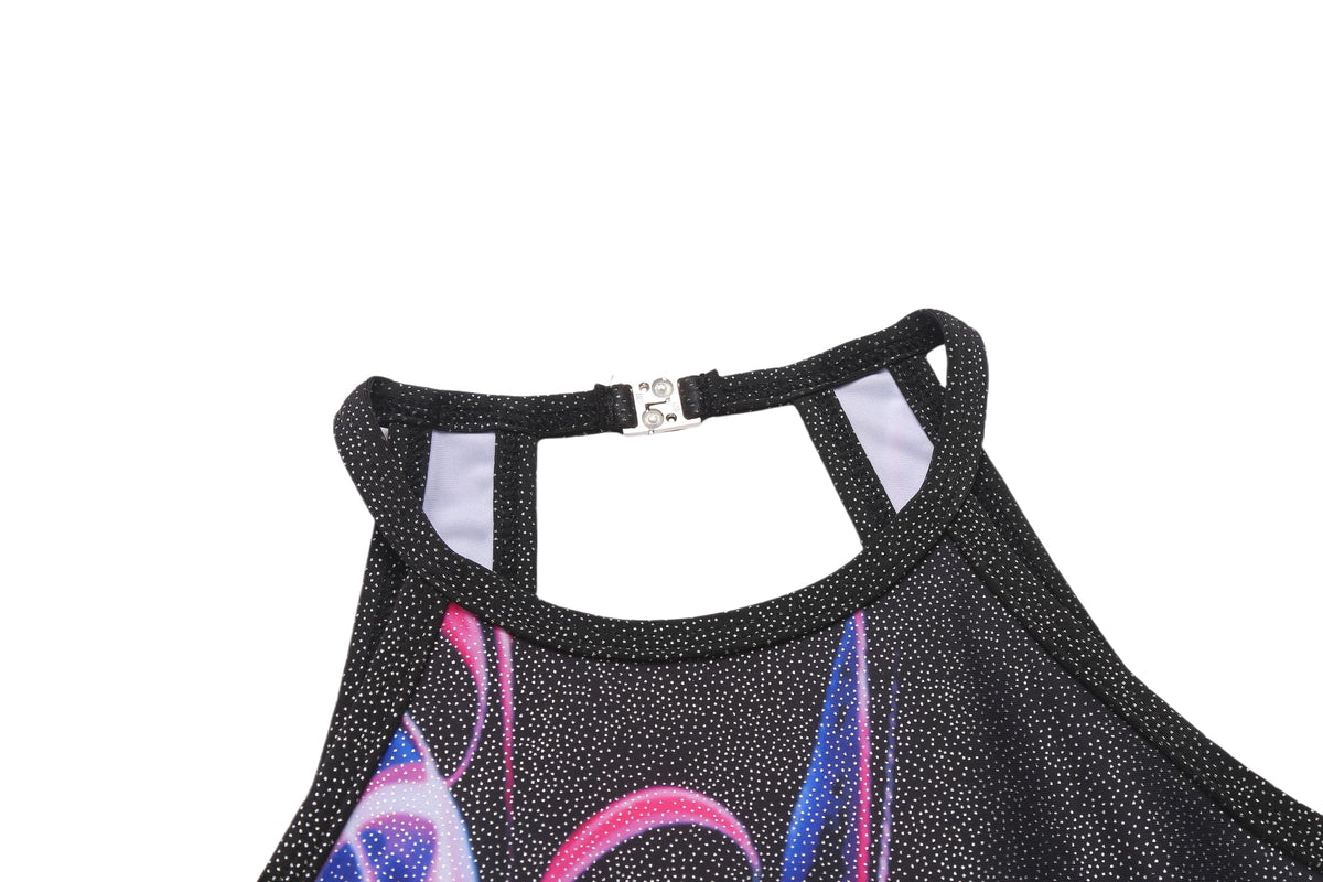 Zaclotre Dance Leotard for Girls Sparkly Clasp Back Sleeveless Dancewear Gymnastic Outfit with Shorts Black Abstract 9-10Y