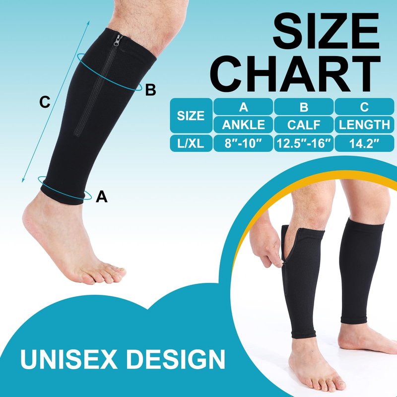 Threlaco 3 Pairs Calf Compression Sleeve with Zipper 20-30mmhg Leg Compression Sleeve Calf Brace Zipper Socks No Foot Sleeves for Men Women Support Running Shin Splints