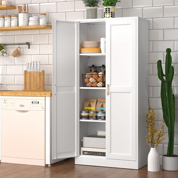 Kitchen Pantry Cabinet, 60 Inch Tall Pantry Storage Cabinet with Doors and Adjustable Shelves, Metal Storage Cabinet with Golden Handles for Dining, Living Room, Assembly Required, White