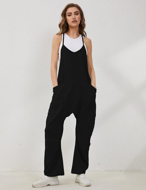 Lentta Women's Casual Jumpsuit - V Neck Sleeveless Harem Romper with Pockets | Stretchy Adjustable Straps