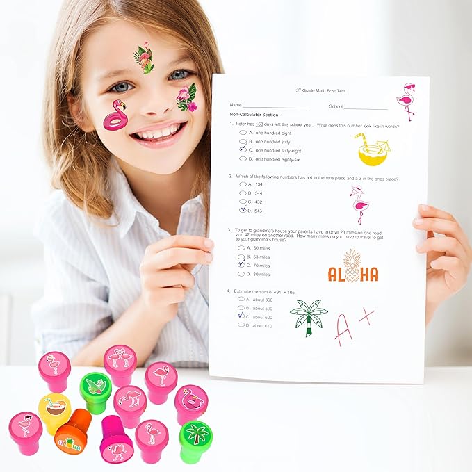 36PCS Pink Bird Party Favors - 24PCS Pre-Cut Temporary Tattoos & 12PCS Stamps - Ideal Hawaiian Summer Tropical Luau Themed Birthday Card Decorations Supplies Goodie Bag Kids Gifts Classroom Rewards