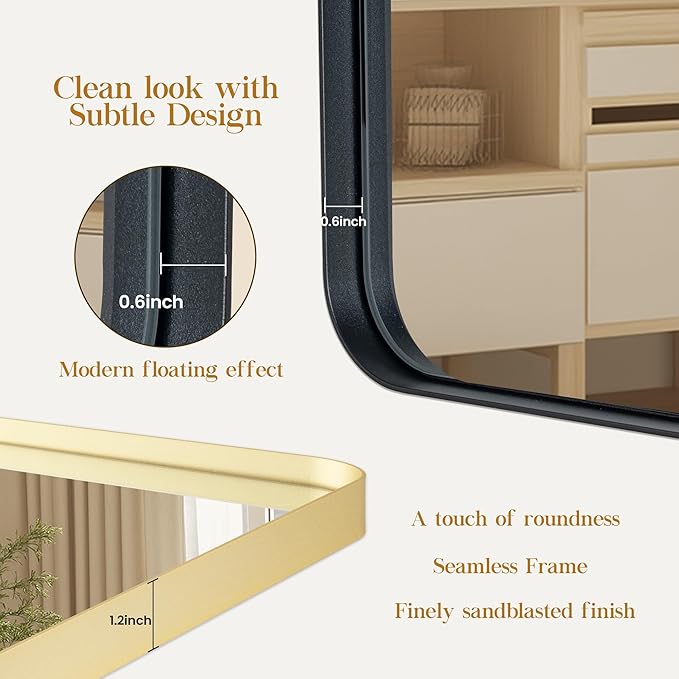 50×30 Black Bathroom Mirror, Rectangular Bathroom Vanity Mirror for Wall with Rounded Corners & Aluminum Alloy Frame, Tempered-Glass, Modern, Farmhouse, Horizontal/Vertical, Entryway, Bedroom