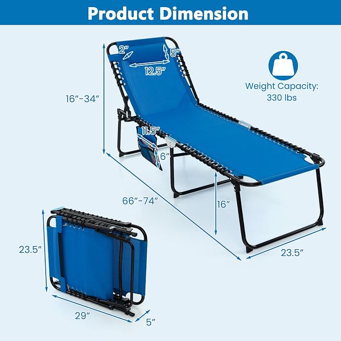 COSTWAY Folding Chaise Lounge Chair, Foldable Pool Lounger with 4-Position Adjustable Backrest, 2-Position Footrest & Soft Pillow, Patio Tanning Chair for Beach, Poolside (1, Navy)