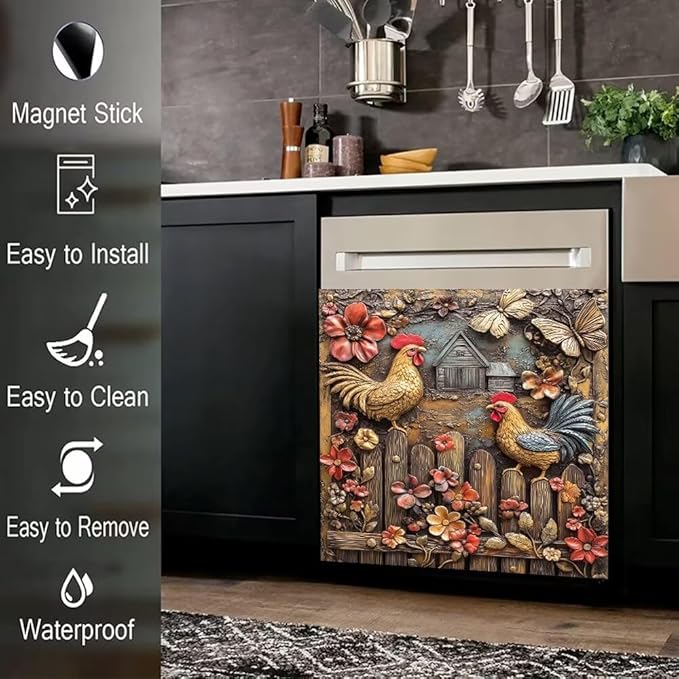 Rooster Chicken Farmhouse Kitchen Decor Dishwasher Magnet Cover Decal, Embossed Butterflie sMagnetic Dish Washer Panel Door Vinyl Sticker, Refrigerator Magnets,Easy to Clean, 23 x 26 inch