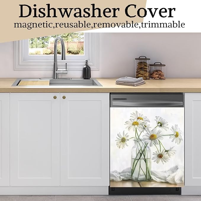 Generic Blooming Daisies Dishwasher Magnet Cover, White Flowers Magnetic Sticker for Fridge Washing Machine Cabinets, Country Floral Dishwasher Door Panel Decal Kitchen Decorative, Reusable, 23Wx26H