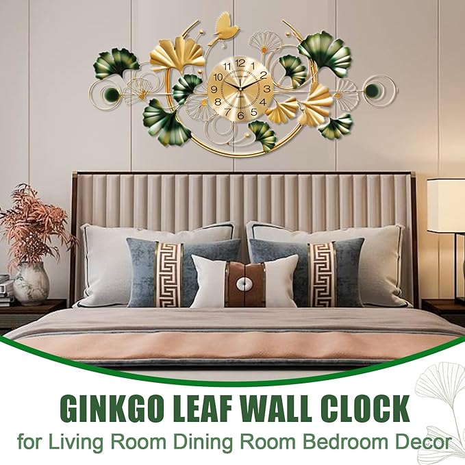 Large Wall Clock for Living Room, 3D 47 Inch Metal Ginkgo Leaf Wall Decor
