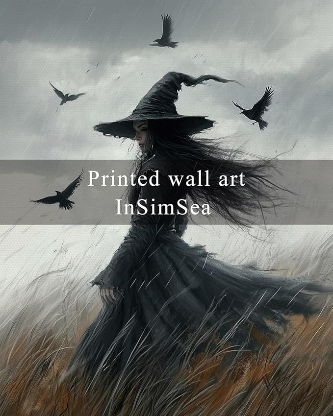 InSimSea Framed Canvas Prints Art Vintage Decor, Witch Gothic Moody Painting, Rustic Dark Academia Wall Art for Bathroom, Halloween Living Room Witchy Room Wall Cottagecore Decor, 12x16inch