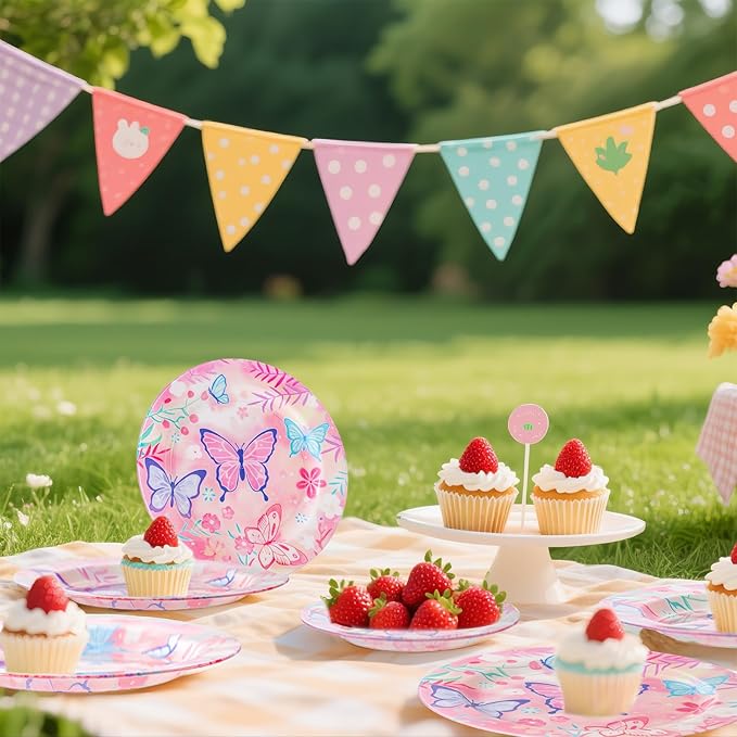 WELLIFE 20PCS Butterfly Birthday Plates – Plastic Dinner & Dessert Plates (10×9.2" + 10×6.3") for Girls Party, Kids Birthday, Magical Butterfly Party Supplies