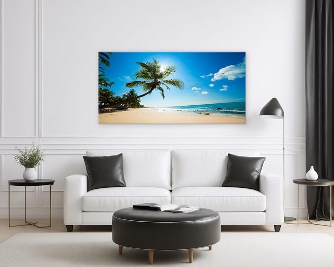 Muolunna ARX0698 Large Canvas Wall Art Summer Ocean Waves Prints Coconut Trees Beach Seascape Painting Hawaii Sea Nature Pictures Stretched and Framed for Living Room Home Office Wall Decor