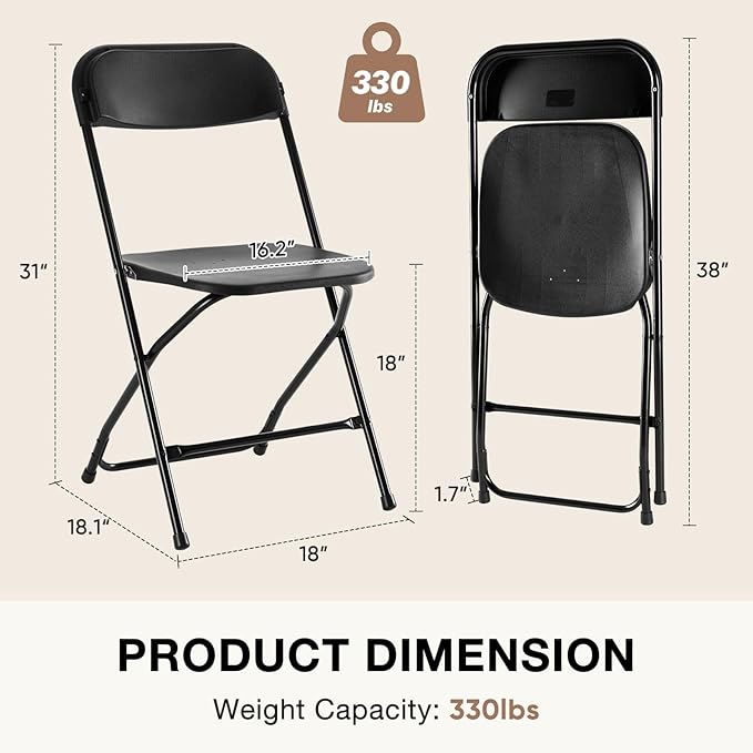 DUMOS Folding Chairs Sets of 12, 330lbs Plastic Stackable Portable Patio Dining Sets, Fold Up for Indoor Outdoor, Camping, Garden, Party, Meeting, Weeding, Black