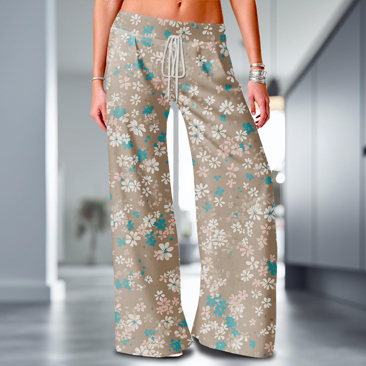 Womens Pants Casual High Waist Wide Leg Palazzo Lounge Pants Fashion Boho Brown Print Lightweight Comfy Stretchy Baggy Trousers Adjustable Drawstring Athletic Yoga Sweatpants with Pockets,L