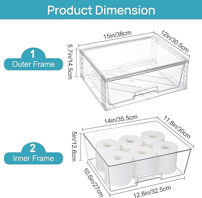Vtopmart 3 Pack Large Stackable Storage Drawers,Easily Assemble Clear Acrylic Bathroom Closet Undersink Organizers,Plastic Storage Bins for Cabinet,Kitchen Pantry,Medicine Organization