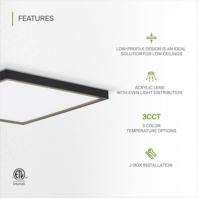 ASD LED 12" Square Flush Mount Ceiling Light Fixture, Low Profile Surface Lighting | 5CCT, Dimmable, Ultra-Thin, ETL Listed | 24W 1700LM 2700-6000K 120V | Kitchen, Bedroom, Hallway Lamp | Black